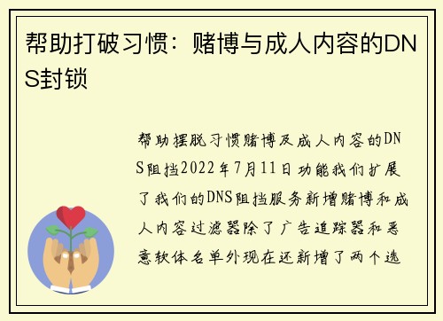 帮助打破习惯：赌博与成人内容的DNS封锁 